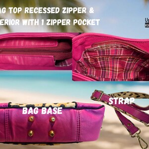 May include: A hot pink handbag with a leopard print base and strap. The bag features a recessed zipper, interior zipper pocket, and gold-colored studs. The strap is detachable with metal clasps. The text "BAG TOP RECESSED ZIPPER & INTERIOR WITH 1 ZIPPER POCKET" is visible.