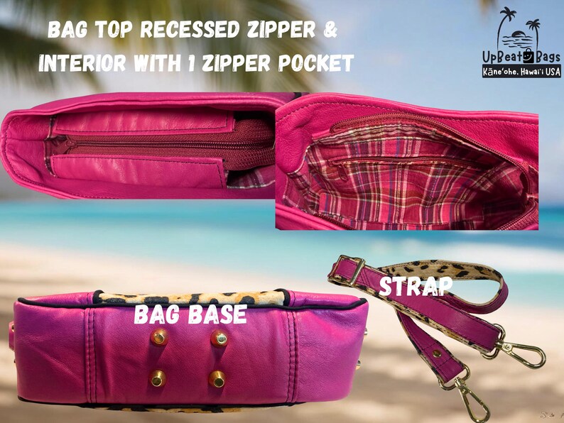 May include: A hot pink handbag with a leopard print base and strap. The bag features a recessed zipper, interior zipper pocket, and gold-colored studs. The strap is detachable with metal clasps. The text "BAG TOP RECESSED ZIPPER & INTERIOR WITH 1 ZIPPER POCKET" is visible.