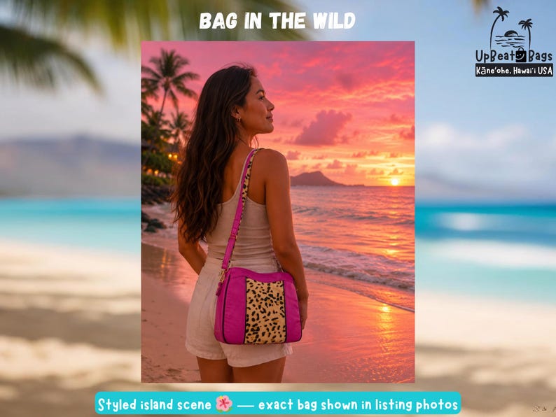 May include: A woman stands on a beach at sunset, holding a bright pink shoulder bag with a leopard print accent. The bag has a matching pink strap. The text "BAG IN THE WILD" is at the top of the image.