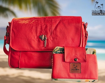 Bolso bandolera de piel naranja reciclada – Bolso con estampado de ave del paraíso hawaiana