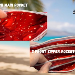 May include: Red and white polka dot pouch with two front zipper pockets and a main pocket. The interior lining is red with white polka dots. The pouch has a white zipper and is open to show the inside.