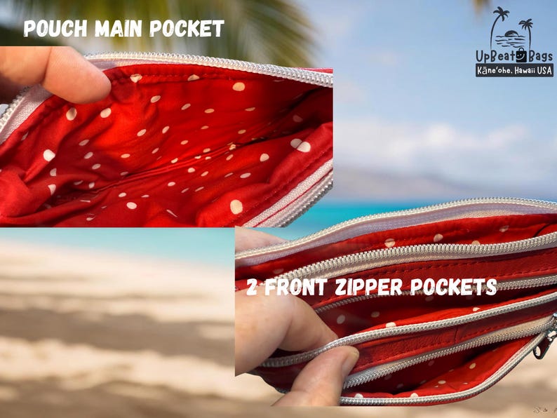 May include: Red and white polka dot pouch with two front zipper pockets and a main pocket. The interior lining is red with white polka dots. The pouch has a white zipper and is open to show the inside.