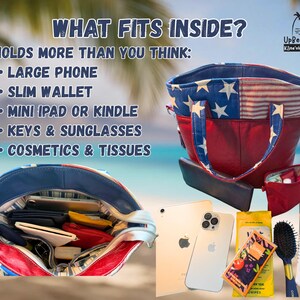May include: A fabric tote bag featuring a red, white, and blue star and stripe pattern. The image displays the bag's interior filled with items, alongside a list of contents including a large phone, slim wallet, mini iPad or Kindle, keys, sunglasses, cosmetics, and tissues. The text reads: WHAT FITS INSIDE? HOLDS MORE THAN YOU THINK.