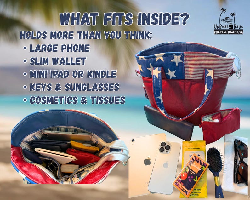 May include: A fabric tote bag featuring a red, white, and blue star and stripe pattern. The image displays the bag's interior filled with items, alongside a list of contents including a large phone, slim wallet, mini iPad or Kindle, keys, sunglasses, cosmetics, and tissues. The text reads: WHAT FITS INSIDE? HOLDS MORE THAN YOU THINK.