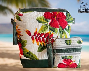 Bolso bandolera mediano de piel reciclada – Bolso tropical acolchado hawaiano, neceser a juego opcional