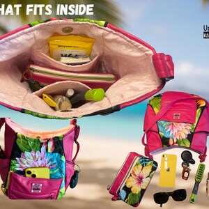 May include: Pink floral print handbags and accessories. The image shows a variety of bags, including a backpack and a shoulder bag, with a tropical floral design. The bags are open, revealing the contents, including a phone, sunglasses, and other items. Text reads "WHAT FITS INSIDE".