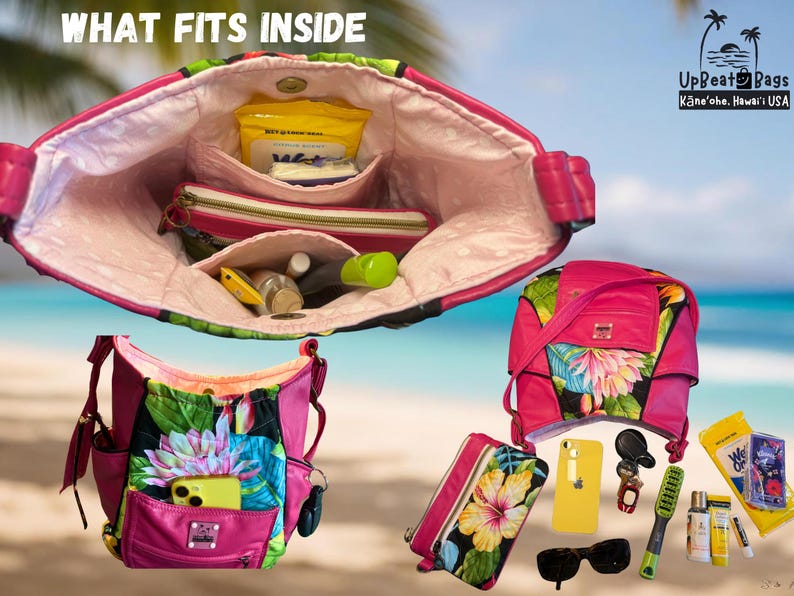May include: Pink floral print handbags and accessories. The image shows a variety of bags, including a backpack and a shoulder bag, with a tropical floral design. The bags are open, revealing the contents, including a phone, sunglasses, and other items. Text reads "WHAT FITS INSIDE".