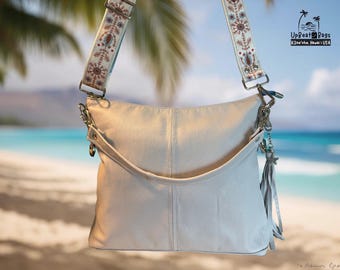 White Leather Handbag, Handmade in Hawaii, Slouchy Hobo Bag, Upcycled Leather Purse, One-of-a-Kind Gift for Her