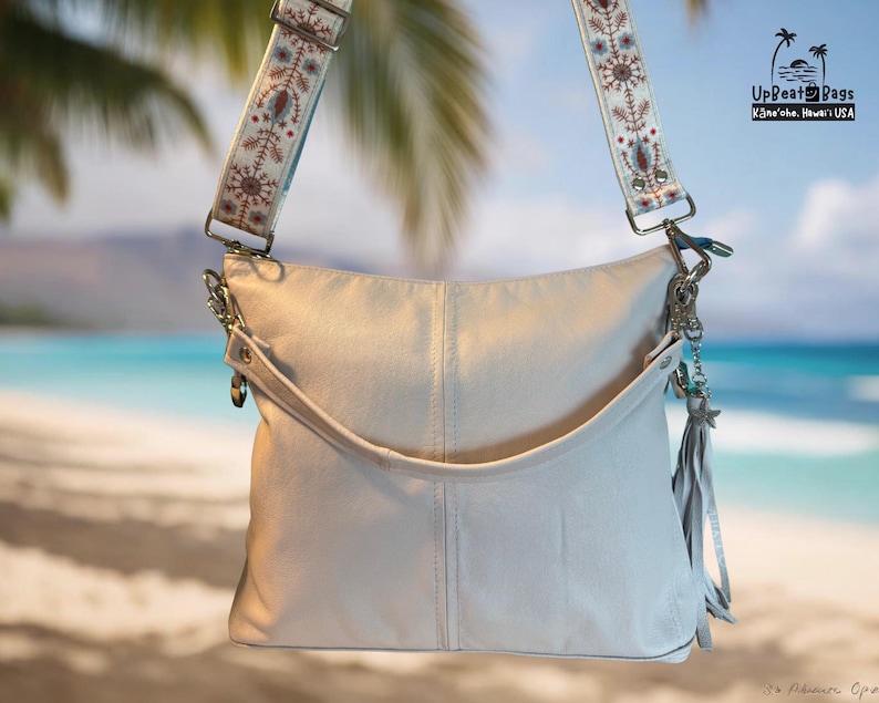 White Leather Handbag, Handmade in Hawaii, Slouchy Hobo Bag, Upcycled Leather Purse, One-of-a-Kind Gift for Her image 1