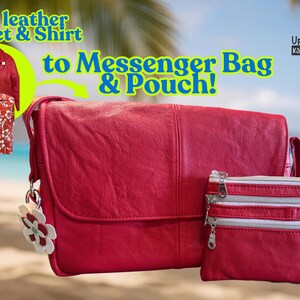 May include: Red leather messenger bag and matching pouch. The bag has a flap closure and a decorative flower charm. The pouch has two zippered compartments. The image also shows a red leather jacket and a floral shirt.
