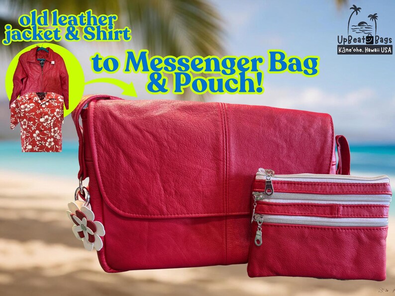 May include: Red leather messenger bag and matching pouch. The bag has a flap closure and a decorative flower charm. The pouch has two zippered compartments. The image also shows a red leather jacket and a floral shirt.