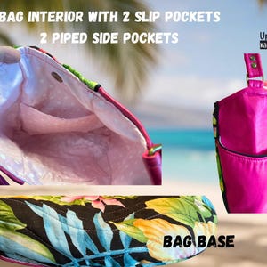 May include: Interior view of a pink handbag with two slip pockets and two piped side pockets. The bag's interior is light pink with white polka dots. The exterior features a tropical floral pattern with a pink handle.