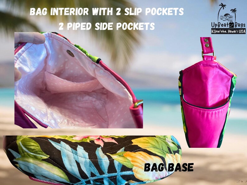 May include: Interior view of a pink handbag with two slip pockets and two piped side pockets. The bag's interior is light pink with white polka dots. The exterior features a tropical floral pattern with a pink handle.