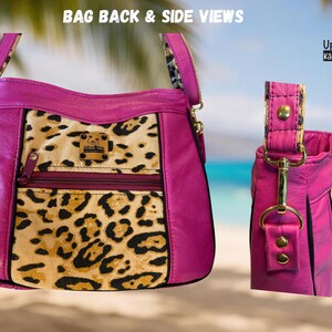 May include: A vibrant pink handbag with a leopard print center panel and matching strap. The bag features a zippered pocket and gold-toned hardware. The text "BAG BACK & SIDE VIEWS" is visible at the top. The bag is from UpBeat Bags, Kāneʻohe, Hawaiʻi USA.