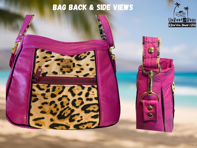May include: A vibrant pink handbag with a leopard print center panel and matching strap. The bag features a zippered pocket and gold-toned hardware. The text "BAG BACK & SIDE VIEWS" is visible at the top. The bag is from UpBeat Bags, Kāneʻohe, Hawaiʻi USA.