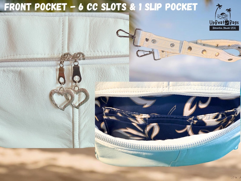 May include: White leather bag with silver heart-shaped zipper pulls. Features a front pocket with 6 card slots and 1 slip pocket. Includes a detachable white strap with silver hardware. The interior has a blue floral pattern.