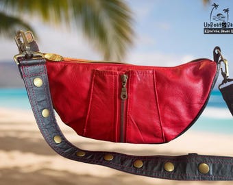 Bolso bandolera de piel roja: Riñonera hawaiana reciclada, con neceser y estuche para gafas a juego opcionales.