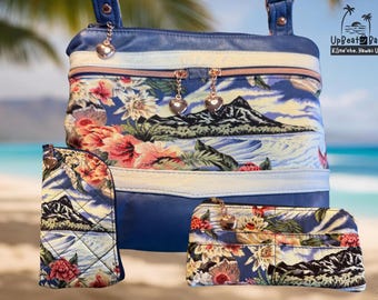 Bolso bandolera de cuero reciclado – Conjunto de bolso con estampado de cabeza de diamante hawaiana