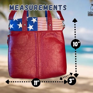 May include: A red leather handbag with a top panel featuring a blue field with white stars and red and white stripes. The bag measures 11 inches wide, 10 inches high, and 3 inches deep. The text MEASUREMENTS and UpBeat Bags Kaneohe Hawaii USA are visible.
