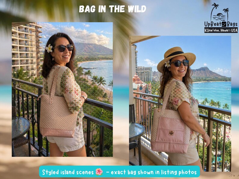 Puede incluir: Un bolso tote rosa claro con un patr&oacute;n acolchado y una parte inferior y un bolsillo rosas lisos. El bolso se muestra en dos fotos con un fondo oce&aacute;nico esc&eacute;nico. El texto "BAG IN THE WILD" est&aacute; en la parte superior.