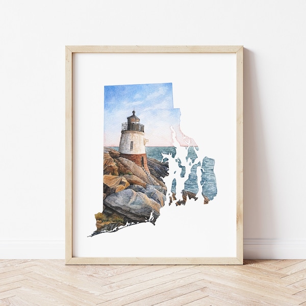 Rhode Island State Watercolor Gicleé  Art Print  Sizes 8"x10" 11"x14" 12"x16" Castle Hill Lighthouse Unframed