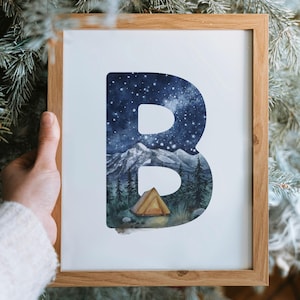 Watercolor Forest Camping Monogram Art Print, Letter Art, personalized Nursery Decor