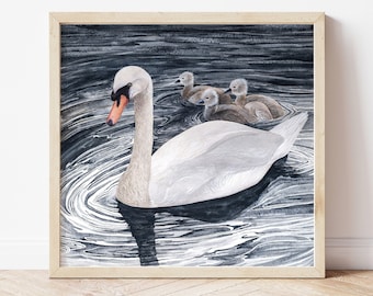 Swan and Cygnets  | Digital Download | Printable Art | Modern contemporary art | Scandinavian nursery art| Downloadable Print| Swan Print