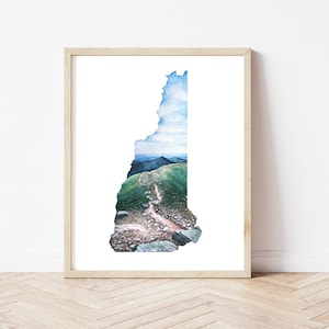 Impression d'art giclée aquarelle de l'État du New Hampshire, dimensions 8 x 10 po 11 x 14 po 12 x 16 po. Montagne Washington sans cadre