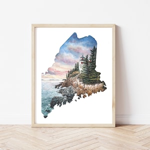Maine State Watercolor Gicleé  Art Print  Sizes 8&quot;x10&quot; 11&quot;x14&quot; 12&quot;x16&quot; Acadia National Park Unframed