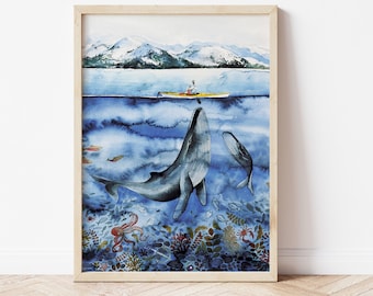 Humpback Whales Watercolor Giclée Print, Alaskan Ocean Artwork