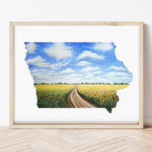 Impressão artística em aquarela Gicleé do estado de Iowa, tamanhos 8" x 10", 11" x 14", 12" x 16", campo de girassóis sem moldura