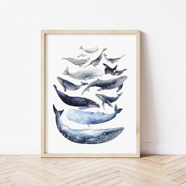 Impresión de ballenas, impresión giclée de acuarela, 8"x10", 11"x14" y 12"x16", decoración para el hogar, arte de pared, decoración náutica, sin marco