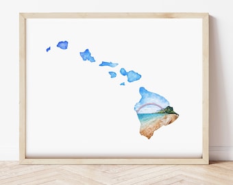 Hawaii State Watercolor 8"x10" 11"x14" 12"x16" Gicleé  Art Print Tropical Island Coastline Unframed