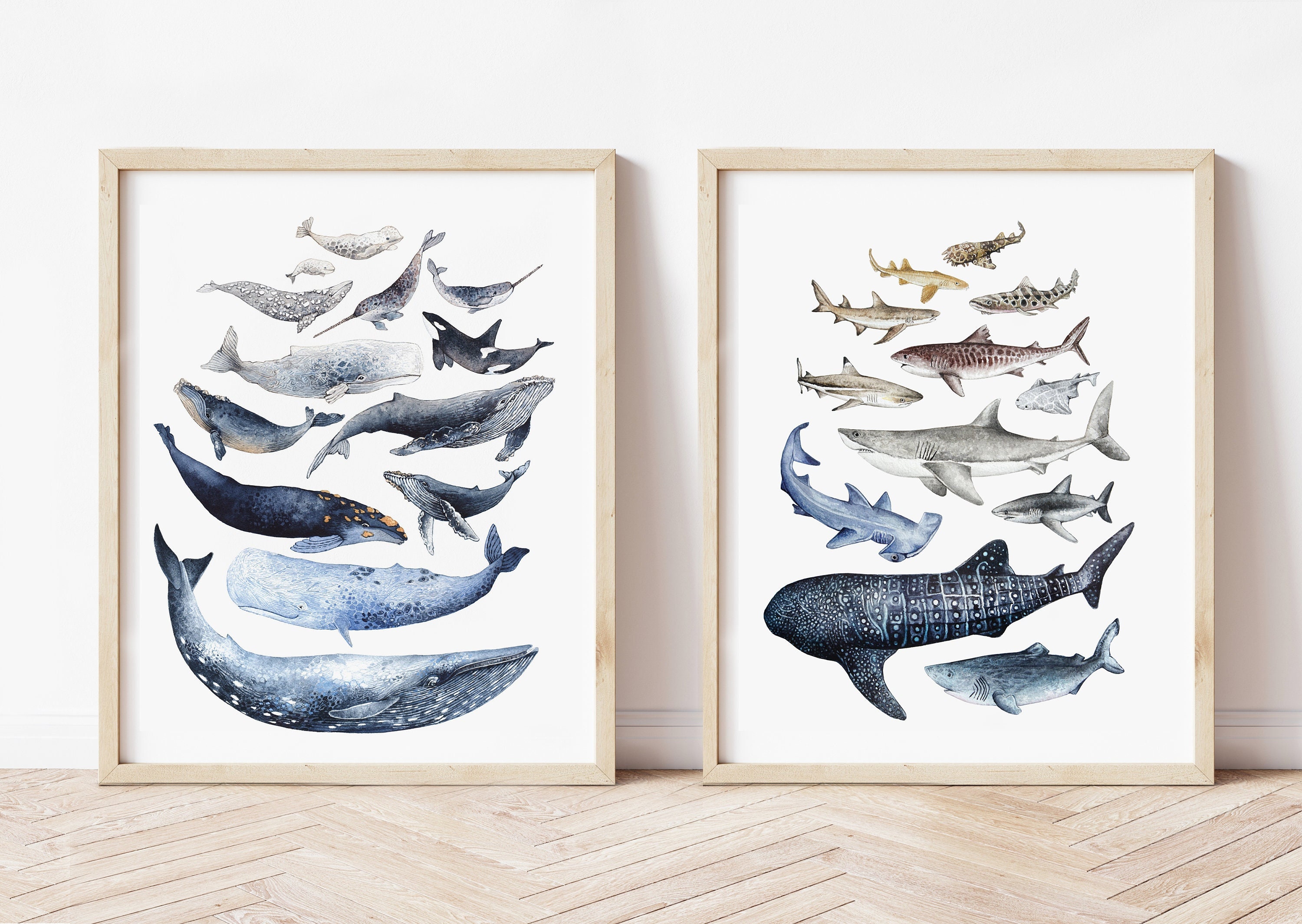 Two Print Bundle: Whale Stack & Shark Stack Giclee Watercolor 8"x10" 11"x14" and 12"x16" Wall Decor Artwork Print Unframed Diptych