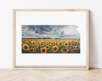 Kansas Sunflower Field Watercolor Art Print, Midwest Wall Decor
