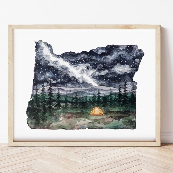 Stampa artistica "Notte stellata" dello Stato dell'Oregon, giclée da 8"x10" e 11"x14", acquerello, decorazione da parete, Pacific Northwest, senza cornice
