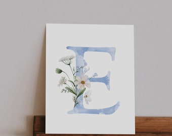 Blue Floral Watercolor Monogram Letter Giclée Print 8"x10" 11"x14" and 12"x16" Nursery Baby Girl Wall Art Personalized Decor Unframed