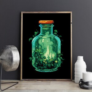 May include: A glass bottle with a green liquid and a green plant growing inside. The bottle has a cork stopper and is surrounded by green vines.