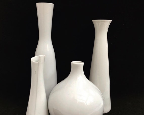 Set of 4 white vases porcelain Scherzer,  Edelstein vase and 2 Arzberg small vases Op art Mid Century photography prop wedding gift