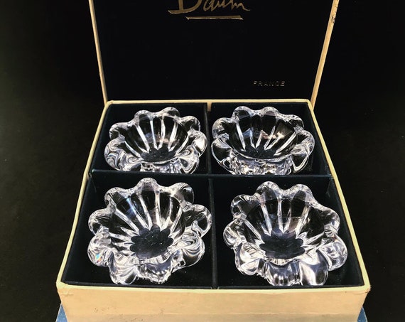 Salt cellars set 4 crystal cut boxed Daum France pepper serving dishes faceted glass Antique 4 spoons condiment bowl sauce wedding gift mom