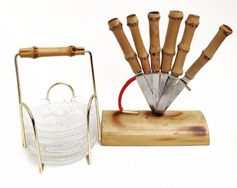 Vintage Bamboo Handle Knife & Crystal Coaster Set: 1960s German Flatware