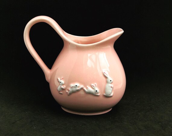 Vintage Milk Pitcher Water Jug Milk Jug Ceramic Wine Pitcher Pink Easter bunny decor rabbit gift for her  Cream Pot ceramic