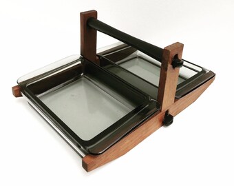 Vintage Teak Rotating Appetizer Dish: Danish Mid-Century Modern Smoked Glass Bowls