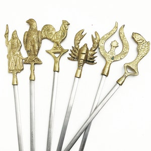 Barbecue Skewers Set  Large  6 Barbecue  Pikes, kebab brass and steel, 60s, Barbecue lover gift  Grill Accessories gift for man marshmallow