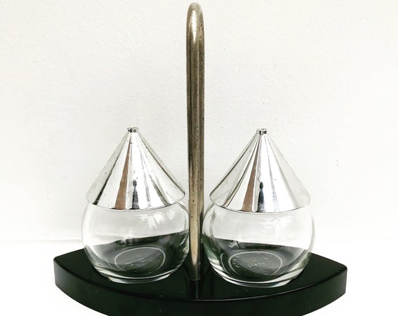 Salt and pepper shakers Mid Century Minimalist kitchen BMF Germany Vintage glass and metal conical shaped Modernist