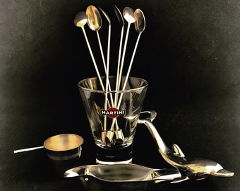 Mid Century Bar Tool Set: Silver Plated Stirrers, Opener & Martini Glass