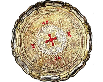Large Round Tray Florentine Red and Gilt Old Italian Plateau  in Florentine Style Handmade Hollywood Regency Bar tray  wedding gift