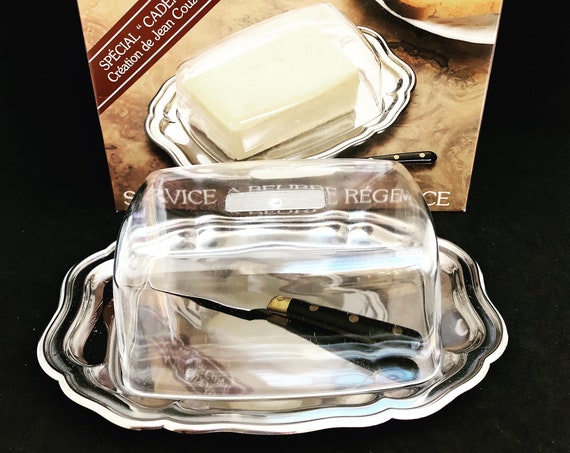 Butter dish with lid and knife  Vintage Jean Couzon Mid Century hostess gift breakfast table stainless steel lidded butter