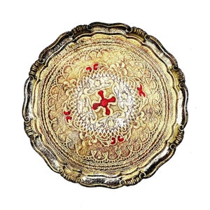 Large Round Tray Florentine Red and Gilt Old Italian Plateau  in Florentine Style Handmade Hollywood Regency Bar tray  wedding gift