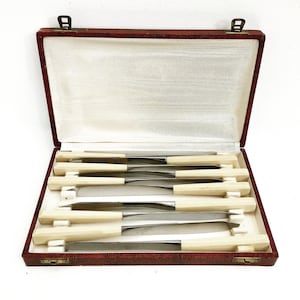 Può includere: Un set di sei coltelli d'argento con manici in avorio in una custodia in pelle rossa. La custodia ha due chiusure in ottone.